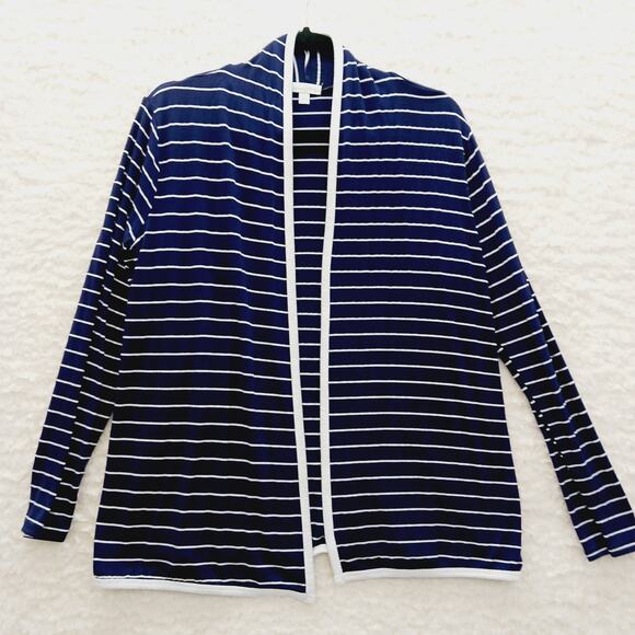 Sweater Open Cardigan Size L Navy Stripe Sailor Coastal Grandma Nautical Cruise - Picture 1 of 13